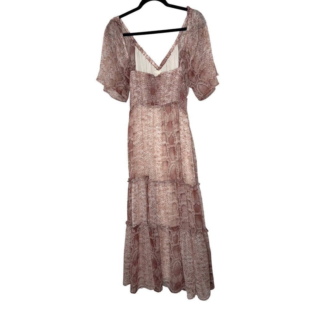 Anthropologie Snake Print Tiered Maxi Dress Flutter Sleeve V Neck Size Large NWT - Picture 3 of 16